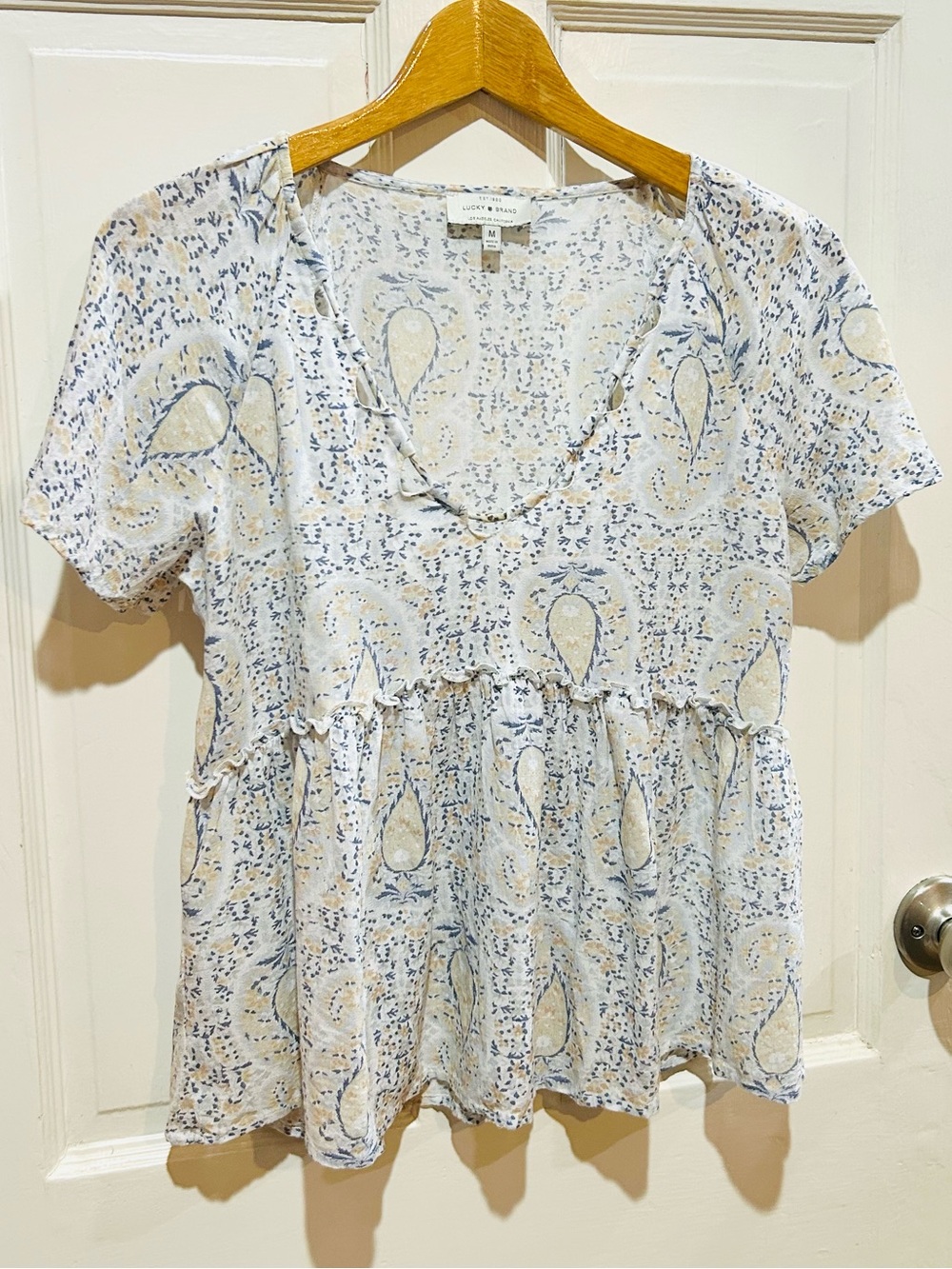 Lucky Brand Paisley Print Gauze Babydoll Peasant Top Boho Lightweight Size M